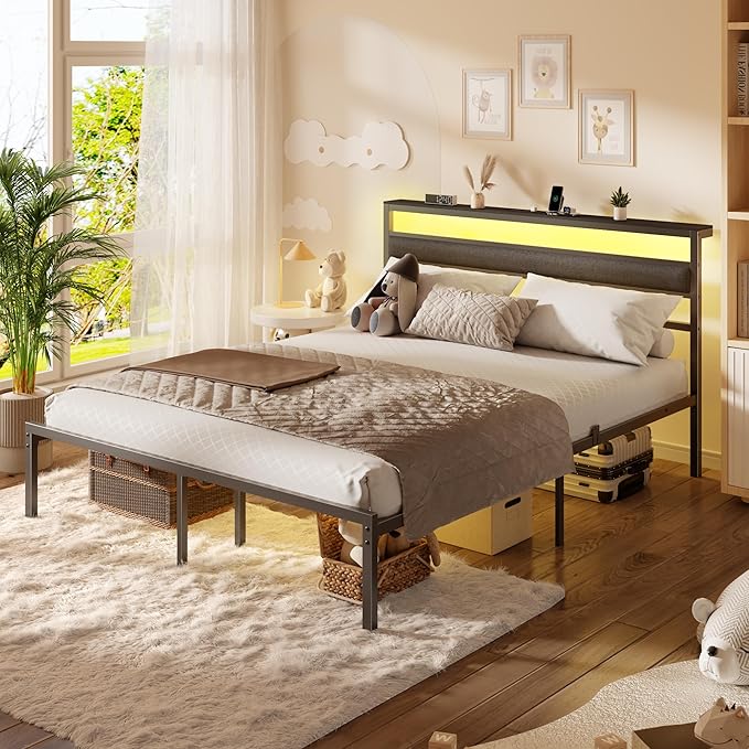 Ourpic Queen Bed Frame with Led Lights and Charging Station, Bed Queen Size Frame with Headboard and Under Bed Storage, Black Metal Platform Bedframe and Storage Shelf, Easy Install