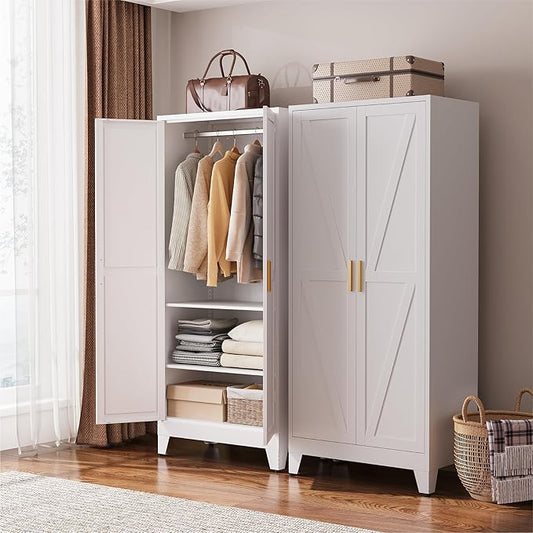 COFaR 71" Metal Wardrobe Closet with Adjustable Hanging Rod & 2 Shelves, Freestanding 2-in-1 Armoire Cabinet with Large Top/Bottom Storage, White Steel Closet Organizer