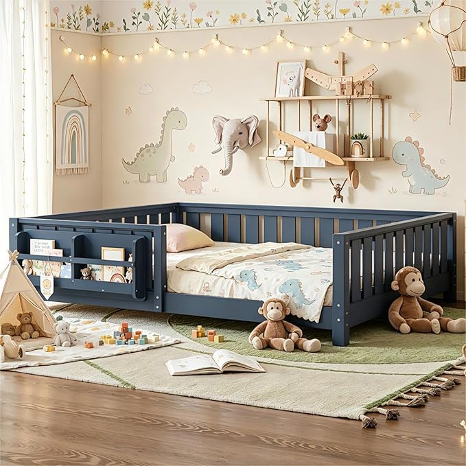 Bellemave Queen Floor Bed Frame with Fence & Bookshelf, Solid Pinewood Montessori Floor Bed Frame Queen with Slats Load 550LBS, Low Floor Bed for Kids, Bedroom, Nursery, Easy Assembly, Blue