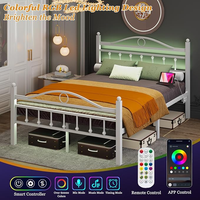 Jenmit Queen Size Bed Frames with Headboard, LED Bed Frame with Charging Station, Metal Platform, Under-Bed Storage, No Box Spring Needed, Noise Free, Easy Assembly, White