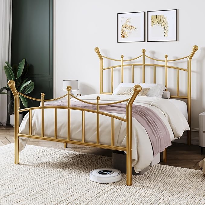 Allewie 14 Inches Twin Size Metal Platform Bed Frame with Elegant Crown Iron-Art Headboard & Footboard, Sturdy Mattress Foundation with Under-Bed Storage, Easy Assembly, No Box Spring Needed, Gold