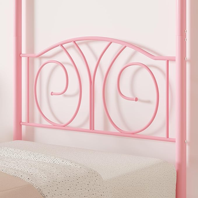 VECELO Metal Canopy Bed Frame Twin Size, 4 Posters Platform Mattress Foundation with Headboard, Heavy Duty Steel Slats Support, No Box Spring Needed, Pink