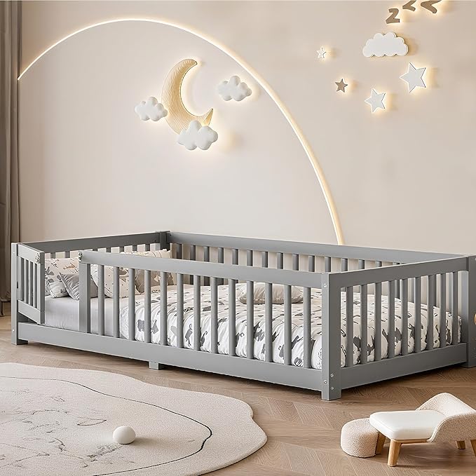Bellemave Montessori Twin Floor Bed Frame with Fence and Removable Door, Low Profile Twin Size Montessori Bed Frame for Kids, Solid Wooden Floor Beds for Bedroom,Nursery, Grey