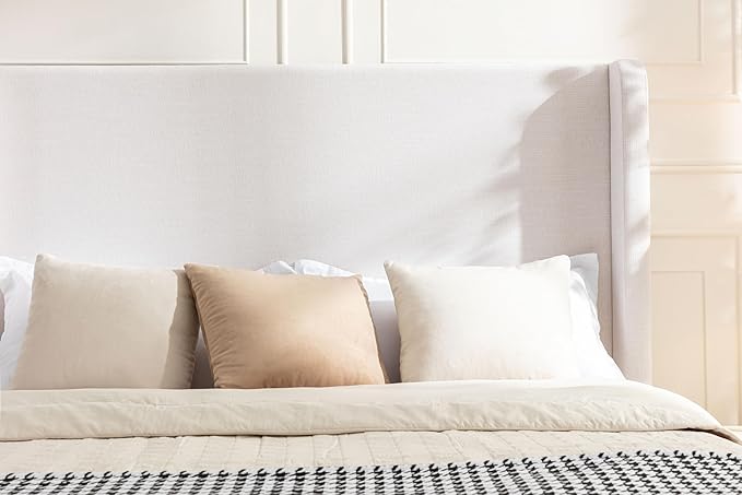 GDFStudio Tall Headboard Upholstered Bed,King Size Platform Bed Frame with Headboard Wingback,54" High No Box Spring Needed Easy Assembly Elegant Simplicity Textured Ivory Canvas