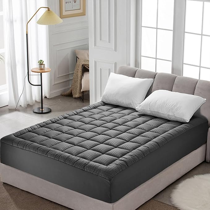 HYLEORY Twin Mattress Pad Quilted Fitted Mattress Protector Cooling Pillow Top Mattress Cover Breathable Fluffy Soft Mattress Topper with 8-21" Deep Pocket, Dark Grey