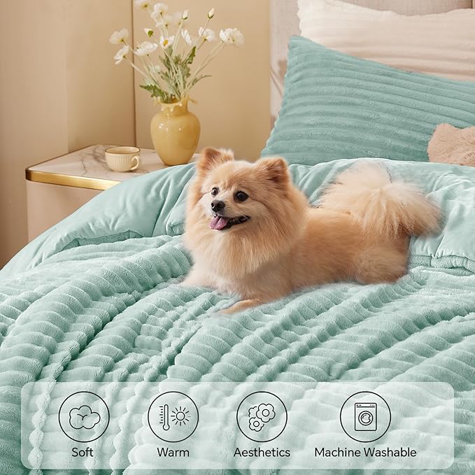BEDELITE Fleece Queen Comforter Set -Super Soft & Warm Fluffy Light Green Bedding, Luxury Fuzzy Heavy Bed Set for Winter with 2 Pillow Cases