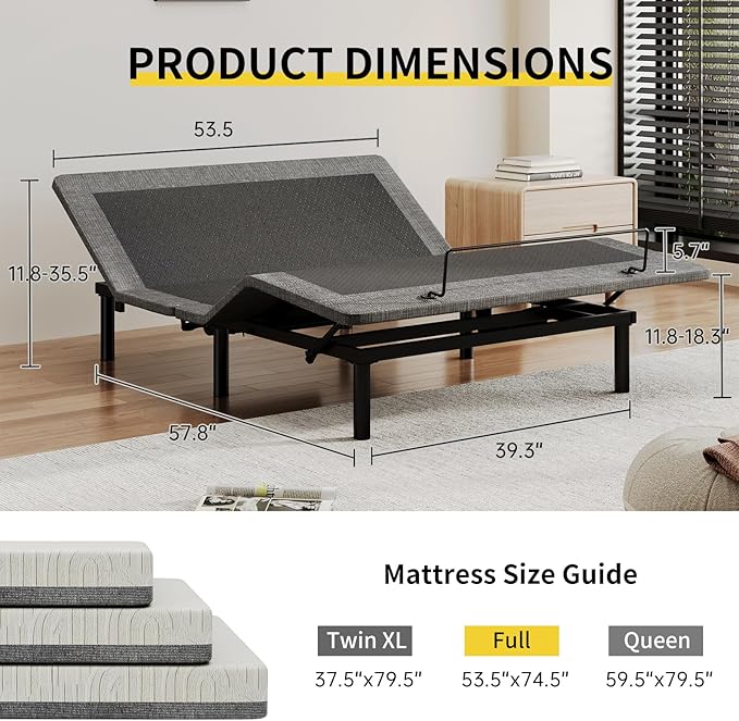 MULIN Full Adjustable Bed Frame, Independent Head & Foot Incline with Wireless Remote, TV/Zero Gravity/ZZZ Preset, 2 USB Ports, Flashlight & Storage Shelf