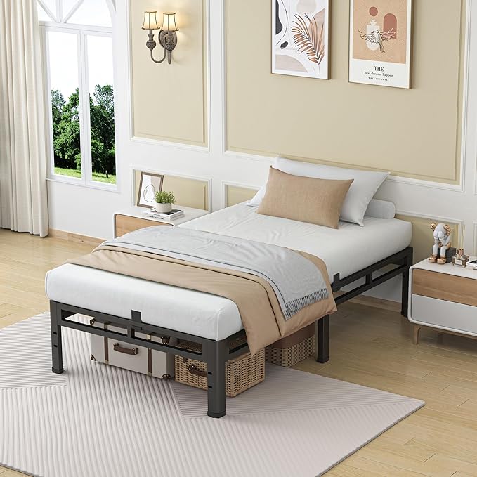NKZ 12 Inch Twin Size Bed Frame, Metal Bed Frame & Box Spring 2 in 1 Platform with Round Corner Legs, 4000Lbs Heavy Duty Metal Frame, Mattress Slide Stopper, Headboard Hole, Noise-Free, Easy Assembly