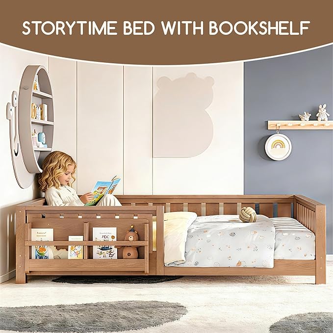 Bellemave Queen Floor Bed Frame with Fence & Bookshelf, Solid Pinewood Montessori Floor Bed Frame Queen with Slats Load 550LBS, Low Floor Bed for Kids, Bedroom, Nursery, Easy Assembly, Oak Brown