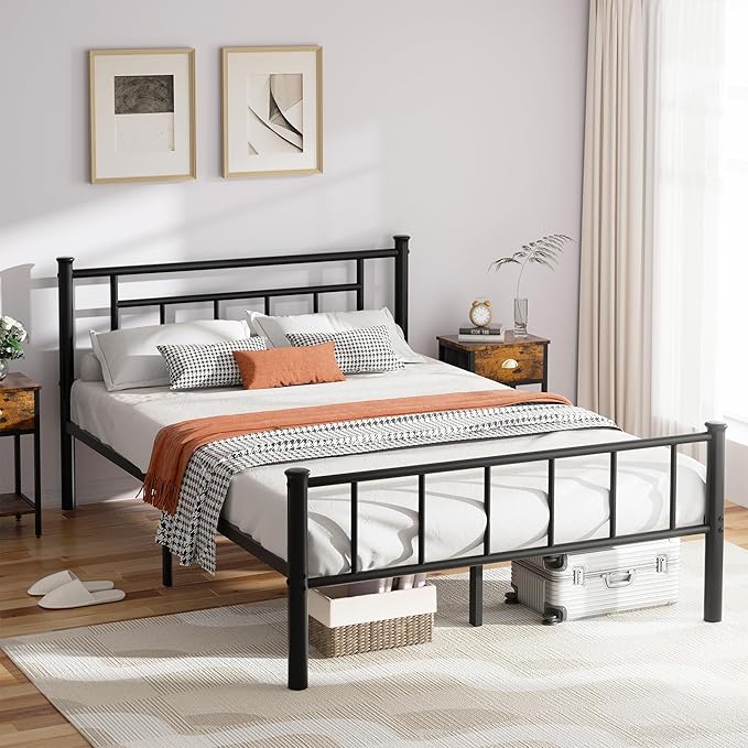 Shintenchi Full Size Metal Platform Bed Frame with Headboard & Footboard, Steel Slat Mattress Foundation, Under Bed Storage, Noise-Free, No Box Spring Needed, Black Square