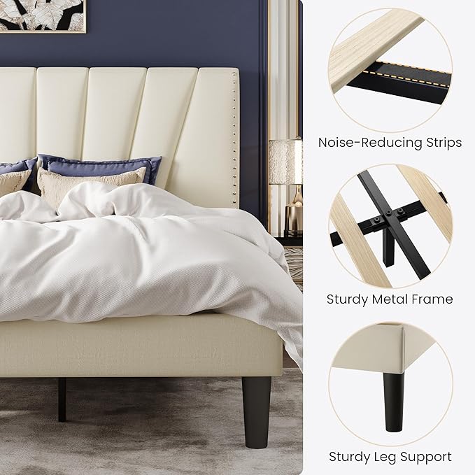 SHA CERLIN King Size Bed Frame with Adjustable Upholstered Velvet Rivets Headboard, Sturdy Wooden Slats, Strong Platform Support for Mattress, No Box Spring Needed, Easy Assembly, Cream