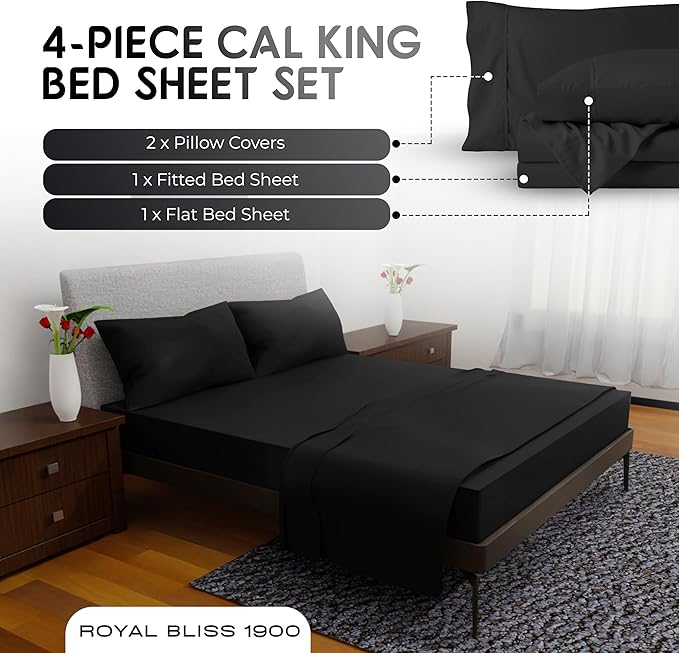 California King Sheets Set - 4 Piece Bedding - Wrinkle Free, Fade Resistant, Double Brushed Microfiber - Deep Pockets/Easy Fit - 1800 Series Ultrasoft, Cooling Sheets (Black)