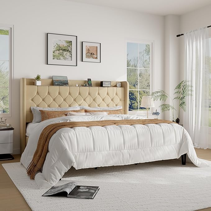 SHA CERLIN King Size Platform Bed Frame with Charging Station, Linen Wingback Headboard with Storage Shelf, Wooden Slats Support, Ample Under-Bed Space, No Box Spring Needed, Easy Assembly, Beige