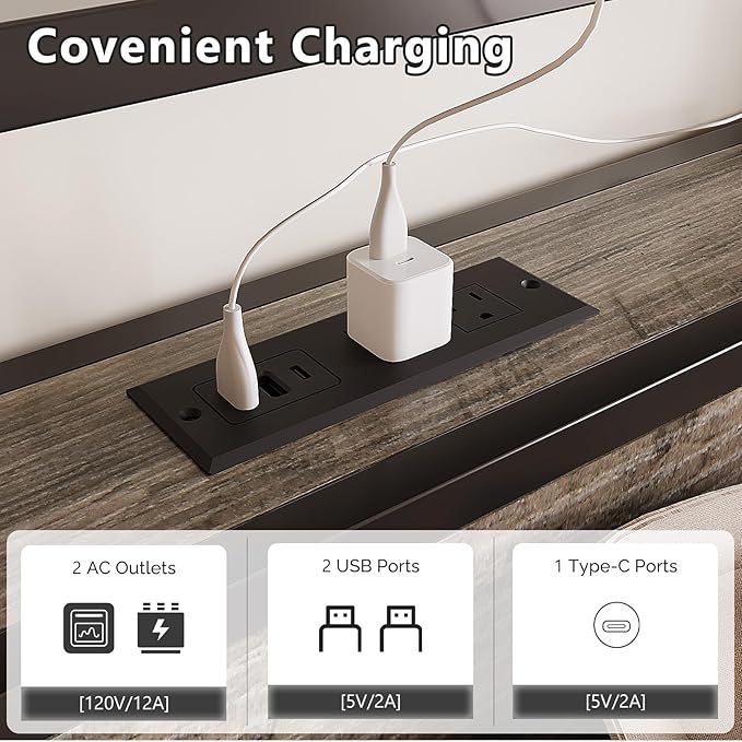 VINGLI LED Queen Bed Frame with 4 Storage Drawers and Adjustable Headboard Shelf, Metal Platform Panel Bed with Charging Station for Kids Teens, Adults, No Box Spring Needed, Wash Gray