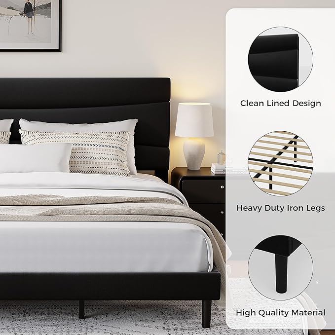 GarveeHome King Modern Upholstered Bed Frame with Soft Padded Headboard,Sturdy Metal Steel Slat Support, Noise-Free Quiet Design,Easy Assembly,Heavy Duty Stable Bed Frame(Black)