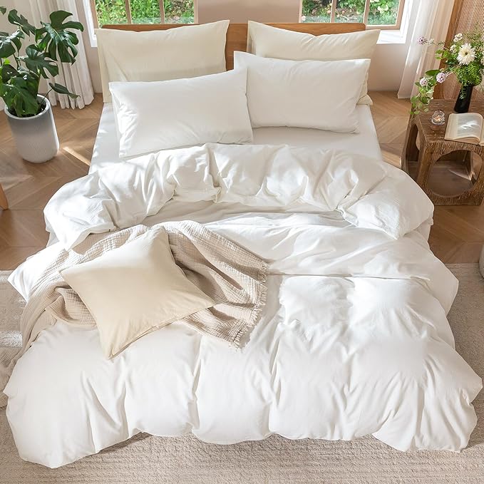 MooMee Bedding Duvet Cover Set 100% Washed Cotton Linen Like Textured Breathable Durable Soft Comfy (Solid Off White, Oversized King Plus 128"x120")