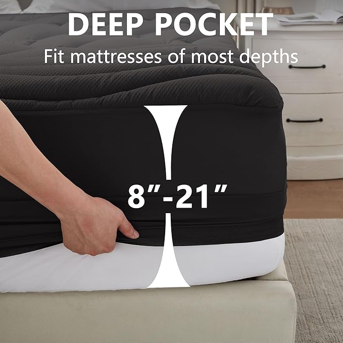 ELVEN HOME Full Size Mattress Pad Waterproof, Cooling Mattress Topper for Double Bed, Pillow Top Quilted Fitted Mattress Protector Cover with 8-21" Deep Pocket (54x75 inch, Black)