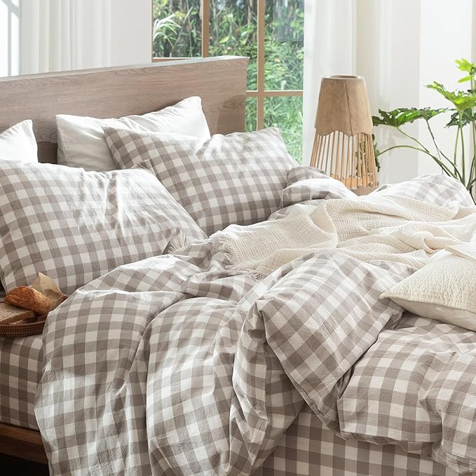 MooMee Gingham Duvet Cover Set 100% Washed Cotton Linen Like Textured Breathable Durable Soft Comfy Modern Checkered Design (Buffalo Plaid Tannish Linen Grey, Cal King 104"x98")