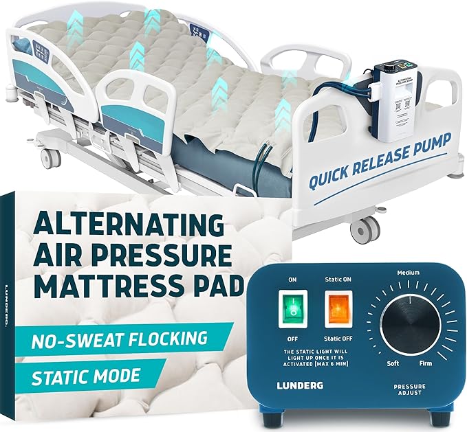 Lunderg Alternating Air Pressure Mattress Pad with Static Mode & Flocking Add-on - Comfortable Bed Sore Prevention - Includes Mattress Topper for Hospital Bed or Home & Quiet Pump - Doctor Recommended