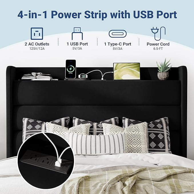 Allewie Full Size Upholstered Bed Frame with Charging Station & Storage Headboard, Soft Velvet Wingback Platform Bed, Strong Wooden Slats Support, No Box Spring Needed, Easy Assembly, Black