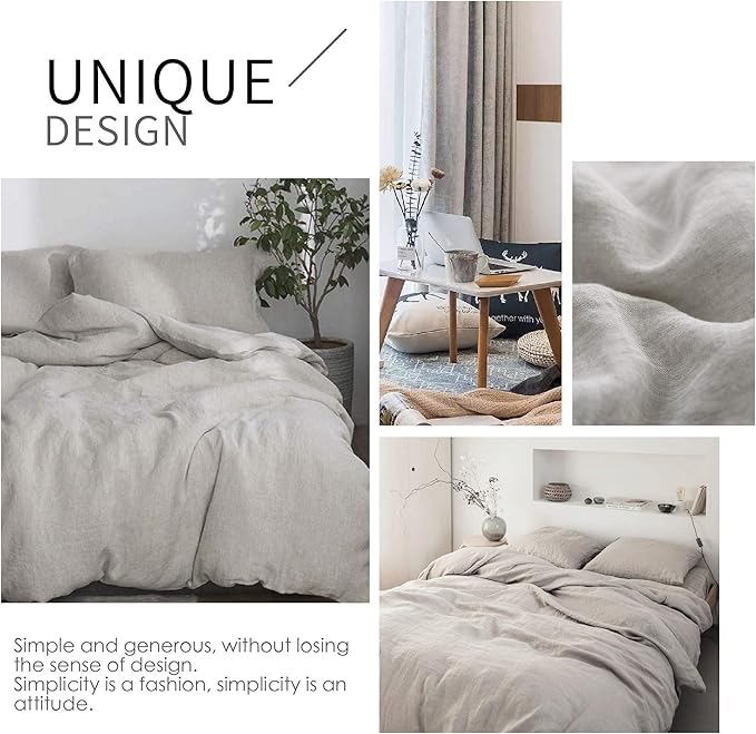 Simple&Opulence 100% Linen Duvet Cover Set 3pcs Basic Style Natural French Washed Flax Solid Color Soft Breathable Farmhouse Bedding with Button Closure - Linen, California King
