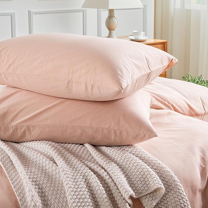 NEXHOME PRO 100% Washed Cotton Duvet Cover King Size, Linen Feel Textured Organic Natural Duvet Cover Set 3 Pieces Bedding with Zipper Closure, Breathable, Dusty Pink(No Comforter)