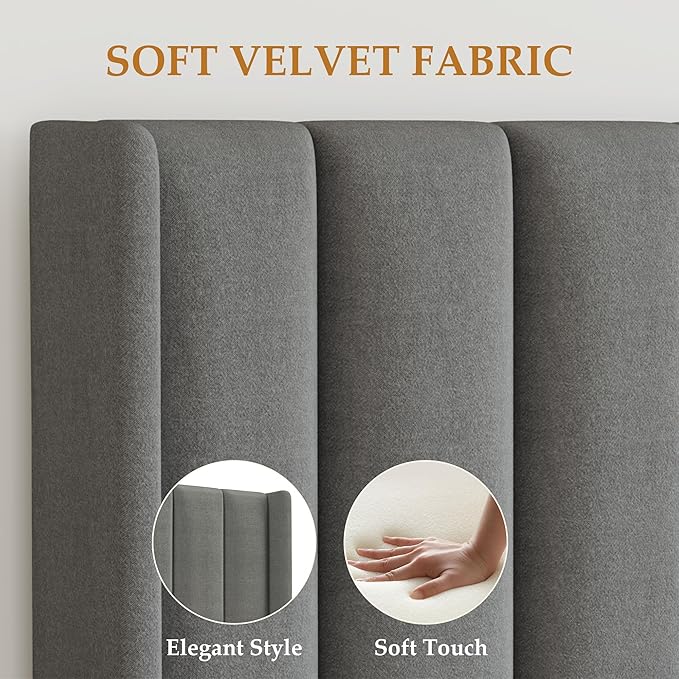 Garvee Queen Size Bed Frame, Velvet Upholstered Bed Frame with Wingback Headboard, 2 Storage Drawers, No Box Spring Needed, Grey