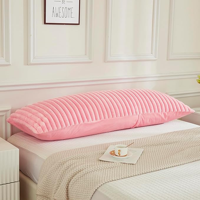 JAUXIO Faux Fur Fluffy Body Pillow Cover Luxury Textured Vertical Stripe Plush Decorative Body Pillowcase, Ultra Soft and Cozy Zipper Closure 21 x 54 Inches, Pink