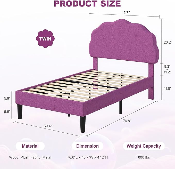 VECELO Twin Size Bed Frame, Upholstered Platform Bedframe with Height Adjustable Plush Fabric Headboard, Strong Wood Slat Supports, No Box Spring Needed, Purple