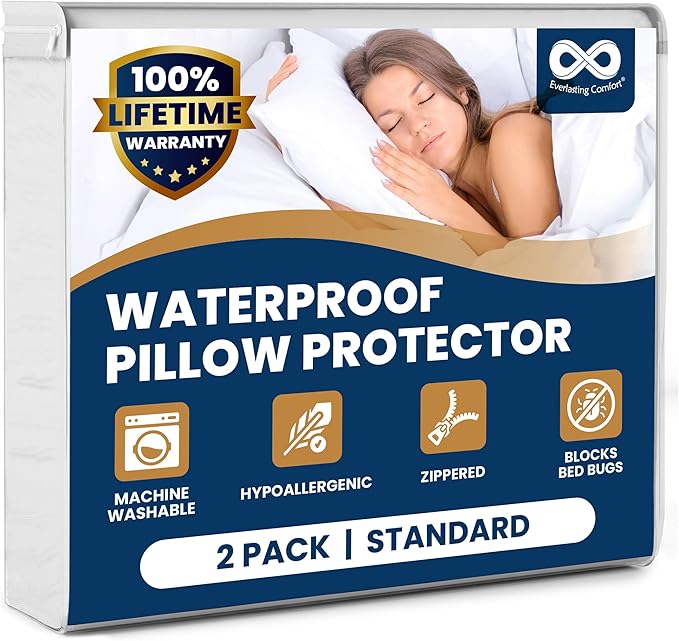 100% Stain Resistant & Waterproof Standard Size Pillow Protectors with Zipper Set of 2 - Bed Bug & Dust Mite Proof White Pillowcases - Breathable, Comfortable Covers for Pillows, 21 x 27 Inches
