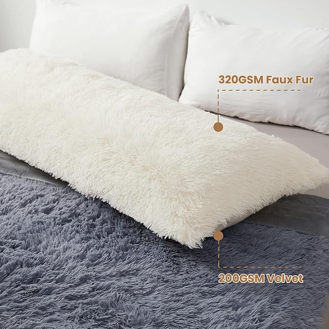 MEGO Fluffy Body Pillow Cover, 20x54 Shaggy Faux Fur Body Pillow Case, Ivory Comfy Plush Fuzzy Body Pillowcase, Furry Long Throw Bed Pillow Cover with Zipper for Adults Women Side Sleeper Cream Beige