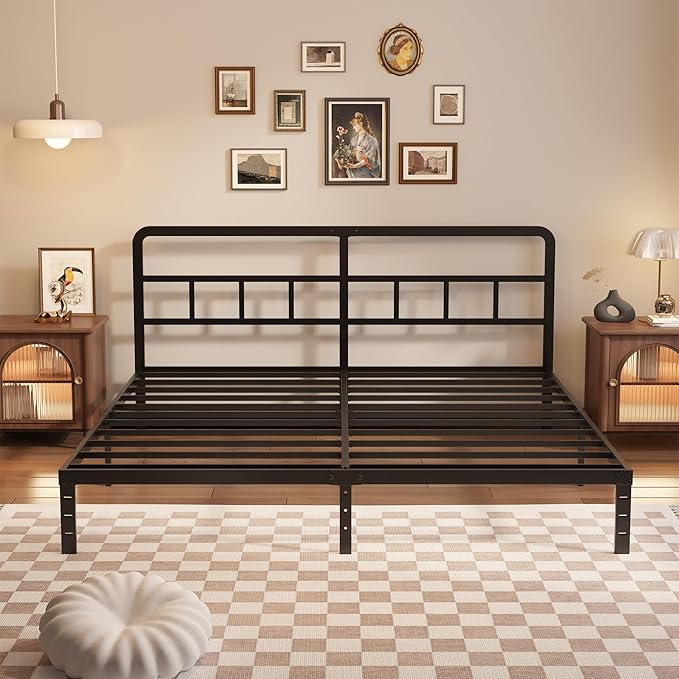 Husleephu California King Bed Frame with Headboard, 12 Inch Heavy Duty Metal Platform Cal King Bed Frame, No Box Spring Needed, Noise Free, Easy Assemble, Black