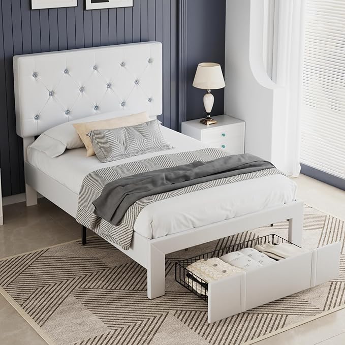 VECELO Twin Size Bed Frame with Storage Drawers, Leather Upholstered with Diamond Tufted Headboard, Solid Wood Slat Support, No Box Spring Needed, PU & White