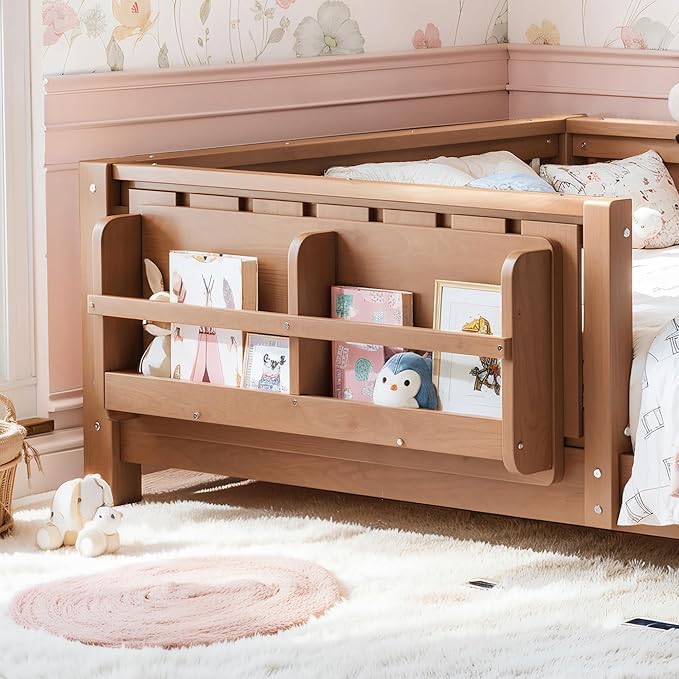 Bellemave Twin Size Kids Montessori Bed with Bookshelf,Solid Wood Twin Floor Bed Frame with Fence and Slats for Girls Boys,Low-Profile,Dark Natural