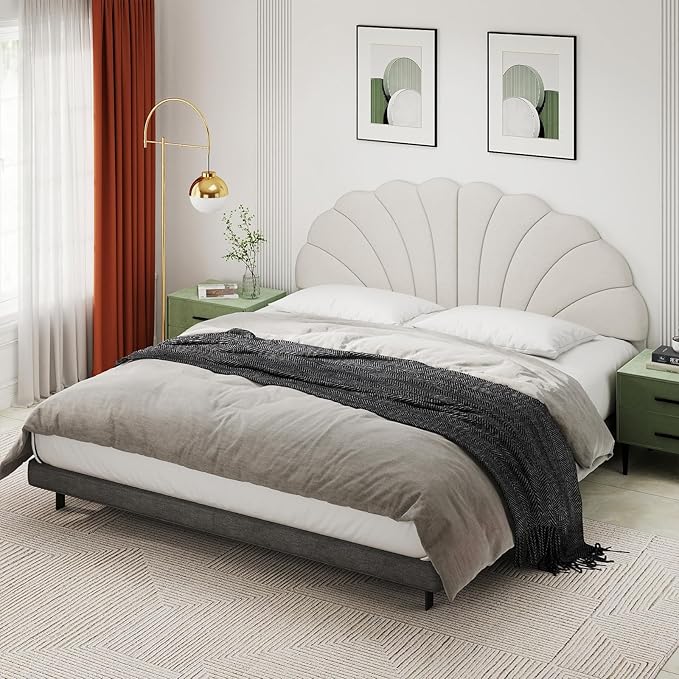 Befurtori King Size Headboard Only, Petal Wall Mount Headboard King/California King Size for Adjustable Bed Velvet Upholstered Head Board Easy Assembly, Cream