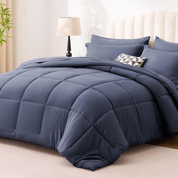 Love's cabin King Size Comforter Set Indigo Blue, 7 Pieces King Bed in a Bag, All Season Bedding Sets with 1 Comforter, 1 Flat Sheet, 1 Fitted Sheet, 2 Pillowcase and 2 Pillow Sham | Soft, Breathable, Lightweight, Comfortable