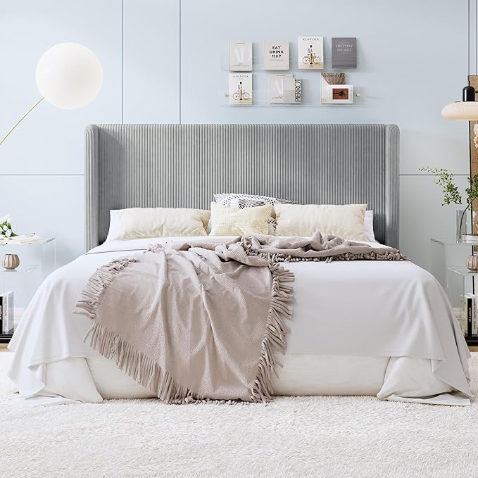SHA CERLIN King Size Corduroy Upholstered Platform Bed Frame with Vertical Channel Tufted Wingback Headboard, 8" Under Bed Storage, Wooden Slats & Metal Frame Support, Easy Assembly, Light Grey