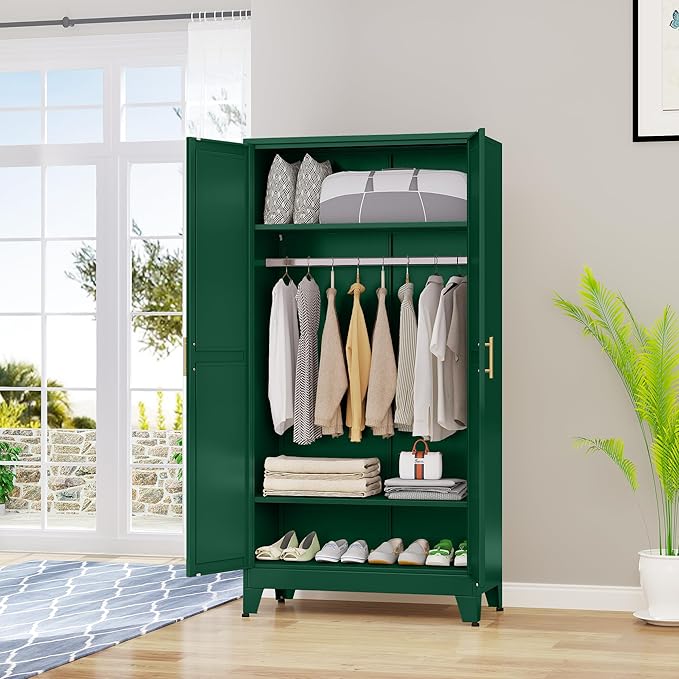 71 "Metal Armoire Wardrobe Closet, Steel Clothing Storage Cabinet with Adjustable Shelves and Hanging Rod, Household Steel Wardrobes Storage Cabinet with Adjustable standing feet (Wardrobe-Green)