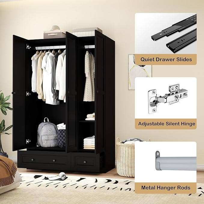 Armoire Wardrobe Closet with Drawers: 47" Black Wardrobe Closet with 3 Doors and 2 Drawers, Wood Clothes Armoire with Hanging Rod, Clothing Storage Cabinet for Bedroom