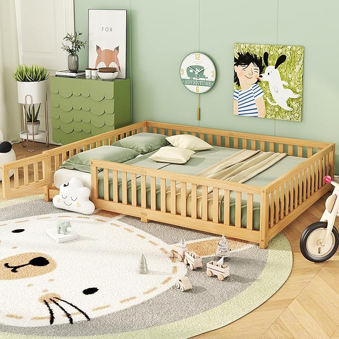 Bellemave Queen Floor Bed with Slats and Door, Queen Size Montessori Floor Bed with Fence and Door, Easy Assemble Montessori Beds Frame for Girls, Boys, Natural