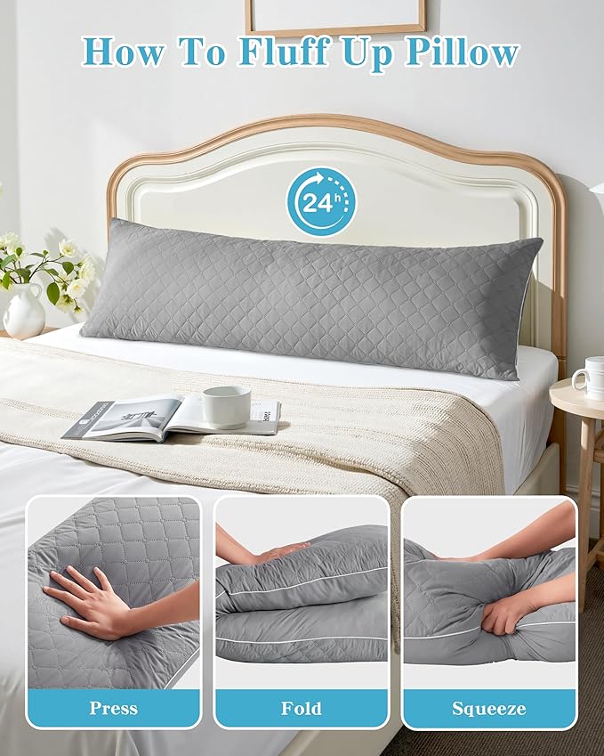 YZ HOME Long Body Pillow for Adults - Firm Body Pillow Insert with Shredded White Memory Foam, Adjustable Height, Soft Support for Side Sleeping, Pregnant Women, Washable (Grey, 20x54 Inch)