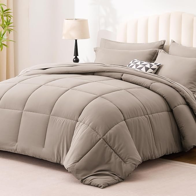 Love's cabin King Size Comforter Set Light Brown, 7 Pieces King Bed in a Bag, All Season Bedding Sets with 1 Comforter, 1 Flat Sheet, 1 Fitted Sheet, 2 Pillowcase and 2 Pillow Sham | Soft, Breathable, Lightweight, Comfortable