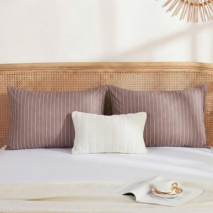 Merryword Brown Striped Pillowcases, 100% Cotton Pillow Cases, Standard Size Pillowcases, Luxury Linen Like Pillowcase, Soft Breathable Pinstripe Pillow Covers, Set of 2