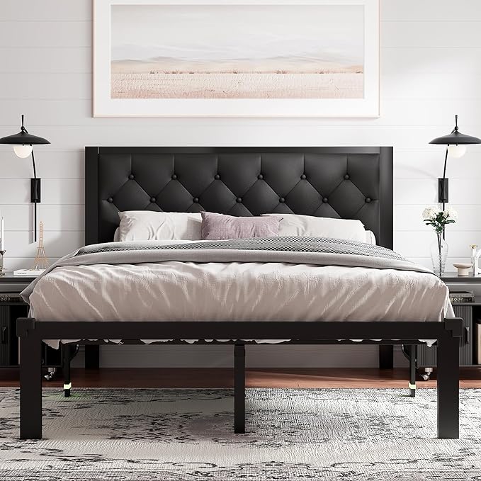 Feonase Queen Size Metal Bed Frame with Faux Leather Button Tufted Headboard, Heavy-Duty Platform Bed Frame with 12" Storage, Steel Slats Support, No Box Spring Needed, Noise Free, Matte Black