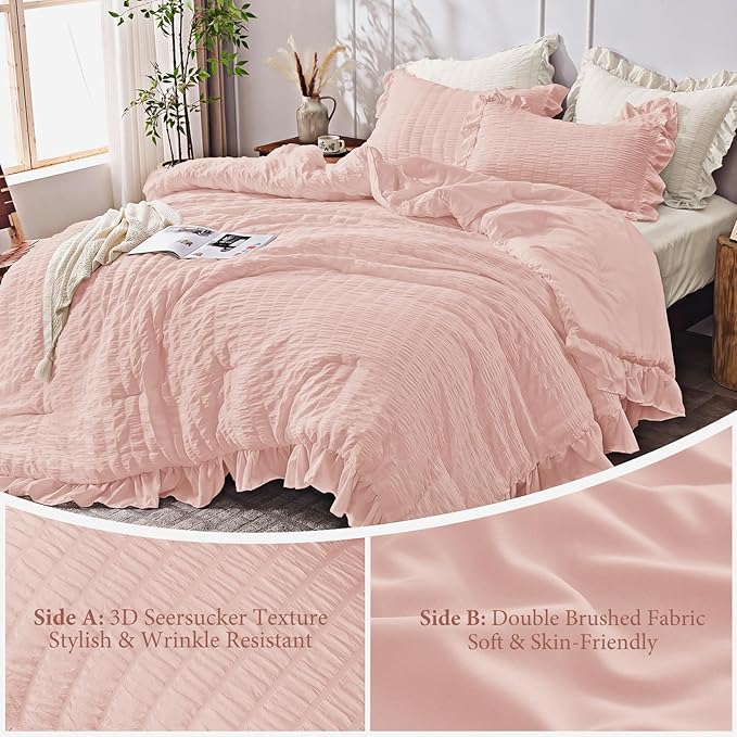 JOLLYVOGUE Twin Size Comforter Set, 2 Pieces Rose Gold Seersucker Lightweight Fluffy Bedding Set, Twin Ruffle Comforter, All Season Soft Microfiber Shabby Chic Bed Set