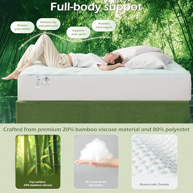 Hansleep Memory Foam Mattress Pad Topper King, King Size Mattress Topper Viscose Derived from Bamboo, King Foam Bed Mattress Pad Cover for Back Pain Relief, 78" x 80", White
