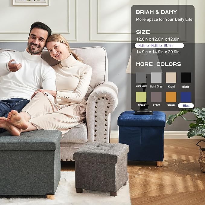 BRIAN & DANY Ottoman with Storage, Square Small Storage Ottoman Foot Rest with Legs, Ottomans Foot Stool for Dorm, Living Room, Entryway 14.8"x14.8"x17.8" (Blue)