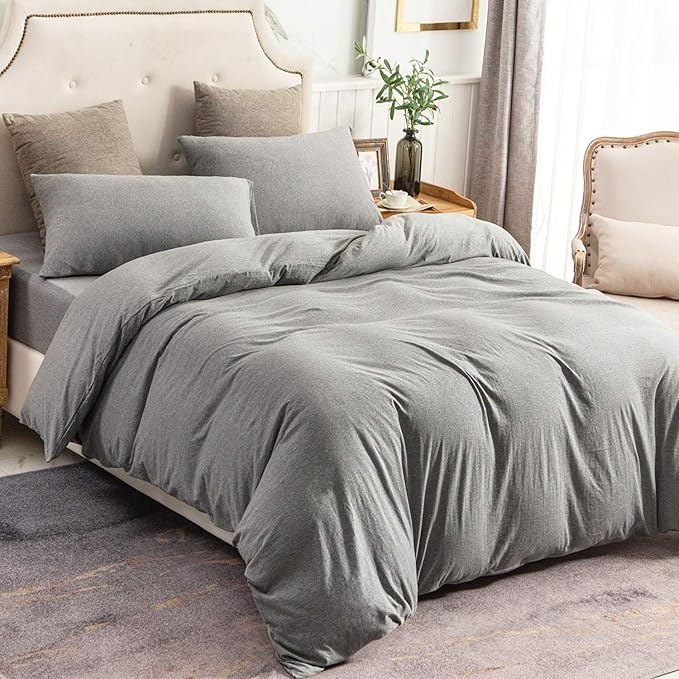 PURE ERA Jersey Knit Duvet Cover Set 100% T-Shirt Cotton Super Soft Comfy 3pc Bedding Set with Zipper Closure (Heather Dark Grey,Full)