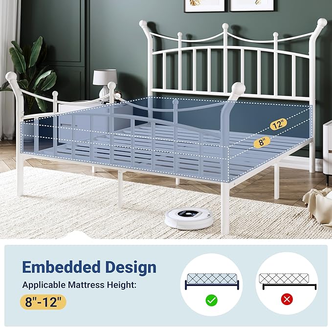 Allewie 14 Inches Full Size Metal Platform Bed Frame with Elegant Crown Iron-Art Headboard & Footboard, Sturdy Mattress Foundation with Under-Bed Storage, Easy Assembly, No Box Spring Needed, White