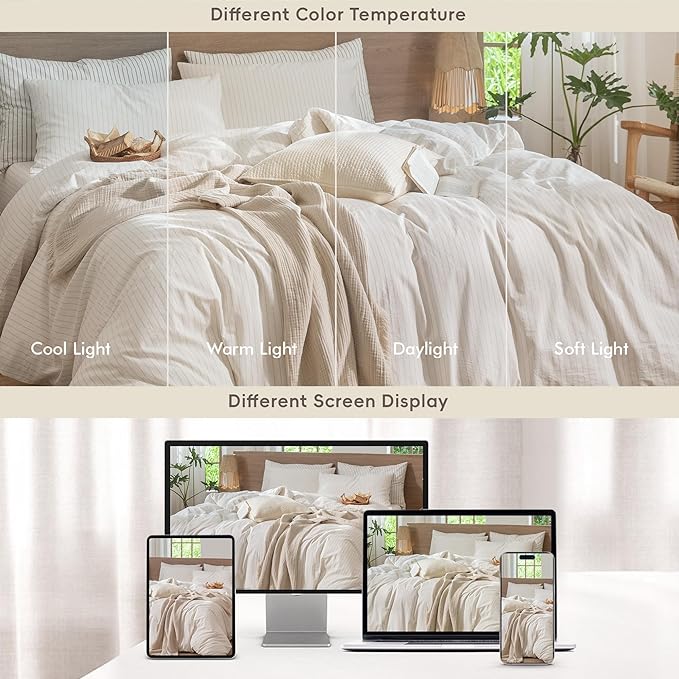MooMee Striped Duvet Cover Set 100% Washed Cotton Linen Like Textured Breathable Durable Soft Comfy (White Almond Milk Grey Wide Stripes, Oversized Queen 98"x98")